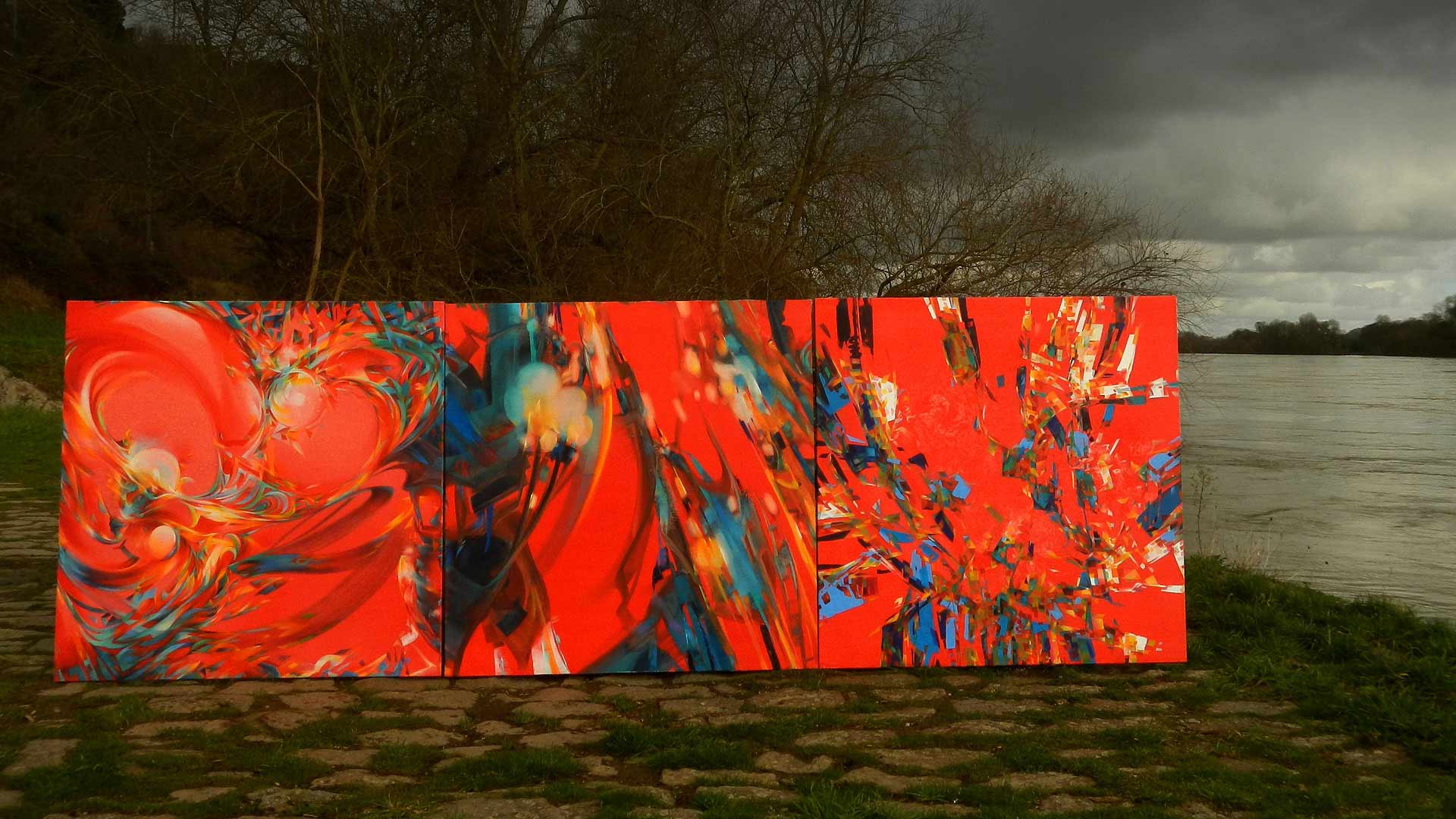 Tableau (Triptyque) à l'Huile sur Toile "Elec-Tree-City" 2017 par Jc Tanguy, Nantes - France