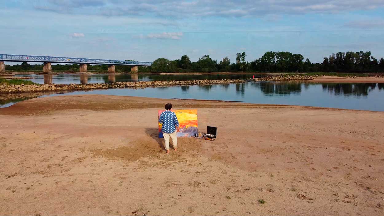 un tableau à l'Huile sur toile abstrait intitulé "Lava-sérusier", terminé à Mauves-sur-Loire, Je peins les Fluxs au cœur des fluxs. Magnifiques vues par drone (Merci Hugo!). Inauguration du nouveau pont de Mauves: Un ouvrage d'art comme un symbole qui nous relie les uns aux autres et nous décloisonne...